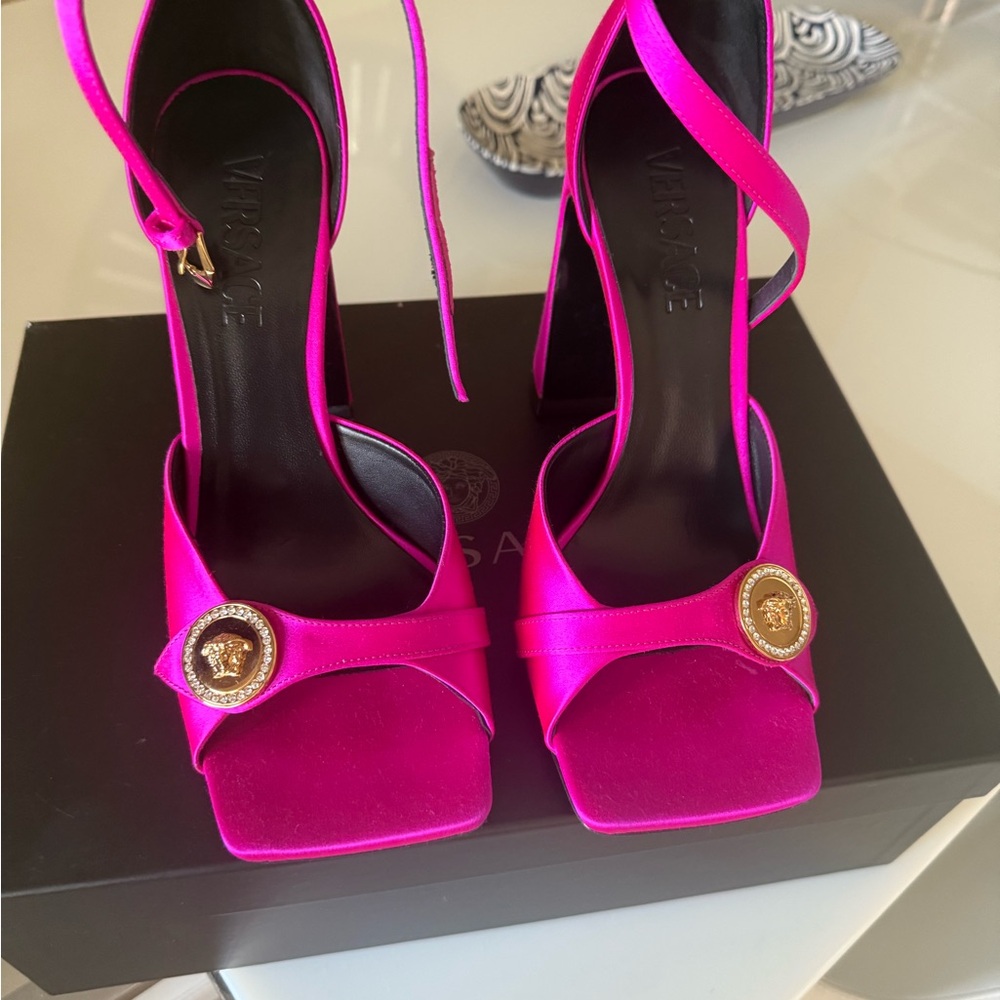 Versace Fuchsia Heels with Gold Medallion